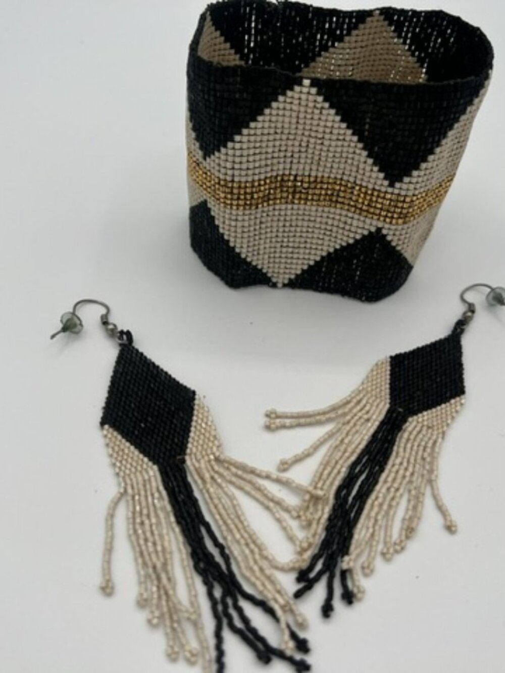 INK + ALLOY Black Ivory Gold Beaded Cuff & Fringe Earrings Set